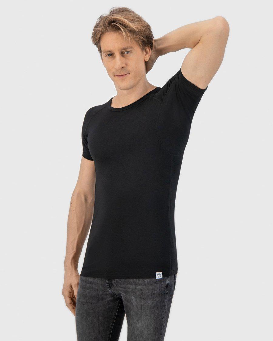 t-shirt, zwart, korte mouwen, rond hals, slank-passend