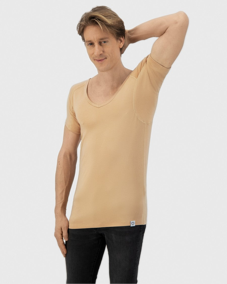 t-shirt, v-hals, korte mouwen, beige, man