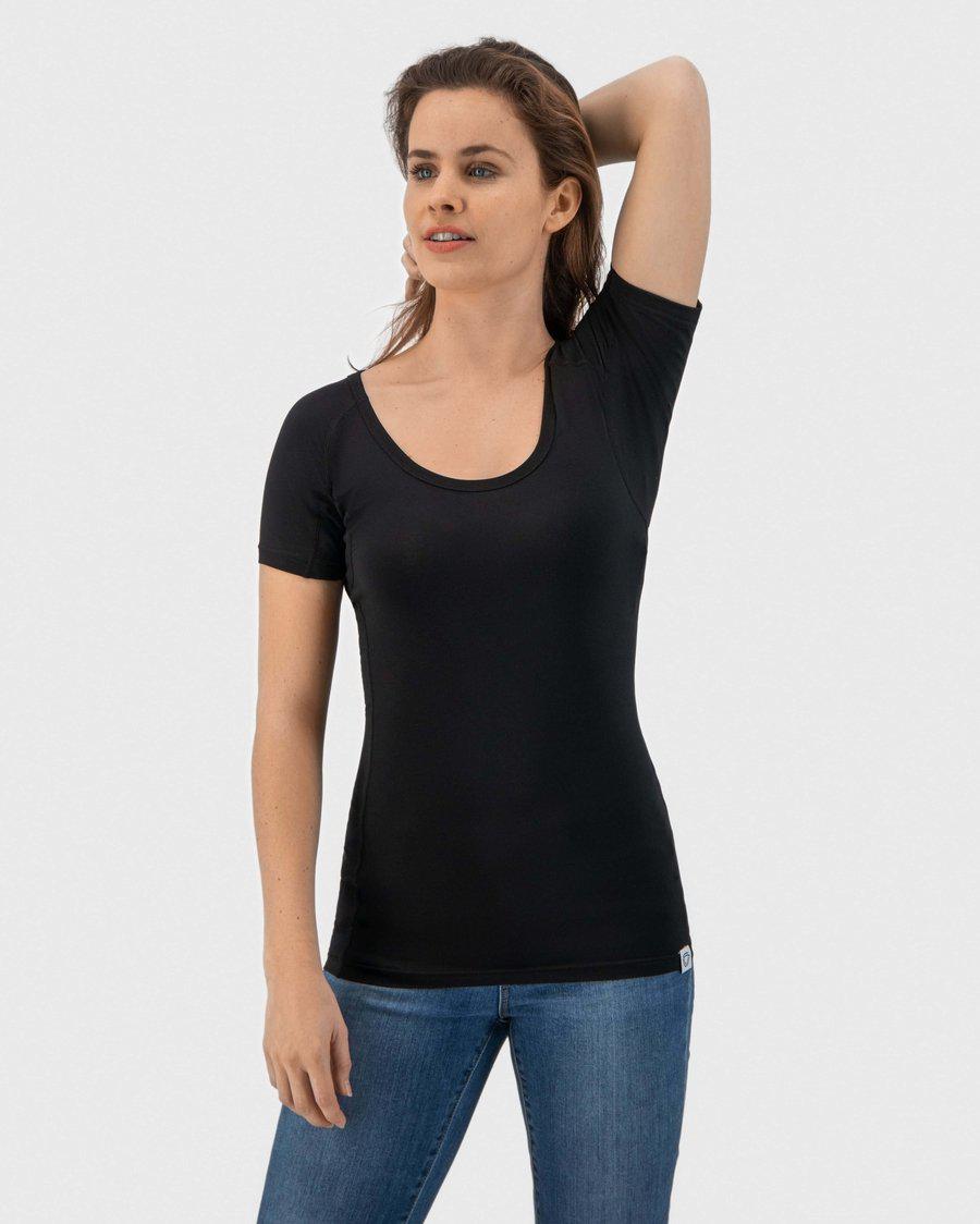 t-shirt, zwart, kortmouw, crewneck, vrouwen